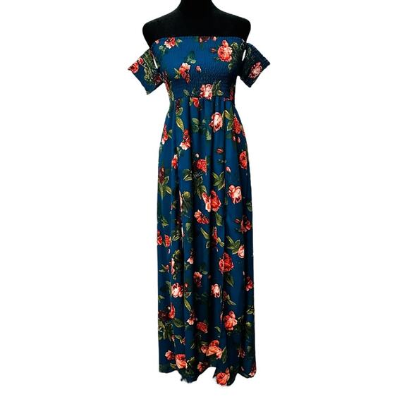 Altar’d State Maxi Dress Blue Floral Smocked Panel Front Fall Boho Wedding Guest - Picture 1 of 8